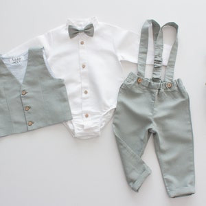 toddler ring bearer clothes, boys suspender outfit, 4pcs set for beeach wedding blazer, pants, shirt, bow tie image 7