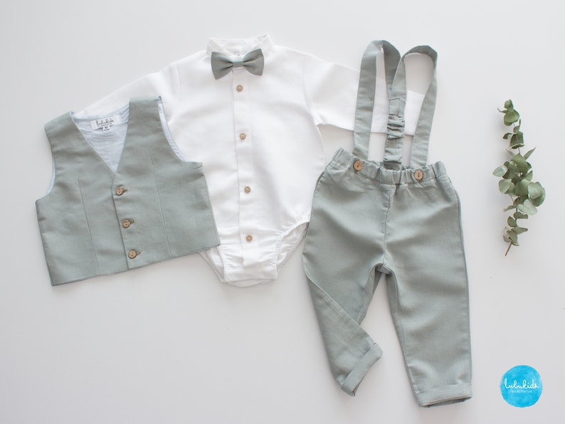 toddler ring bearer clothes, boys suspender outfit, 4pcs set for beeach wedding blazer, pants, shirt, bow tie image 7