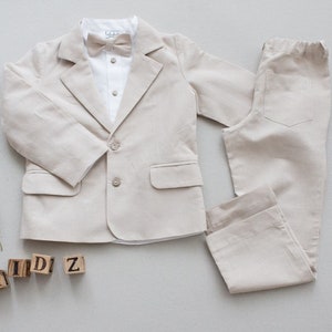 toddler beige suit, boys wedding suit, page boy outfit, toddler ring bearer outfit - 3pcs beige linen suit: blazer + pants + white shirt