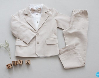 Jungen Ringträgeranzug, Kinderanzug, Hochzeitsoutfit - 3tlg beige Leinen Outfit: Hose + Hemd + Sakko