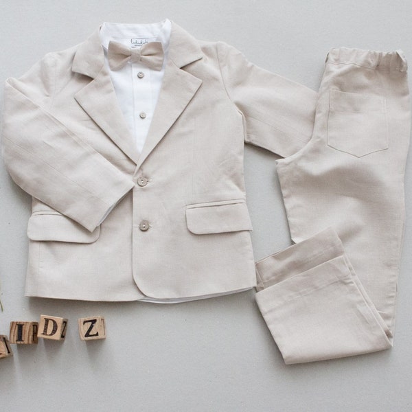 Traje de portador de anillos para niño, traje de niño, traje de boda - traje de lino beige de 3 piezas: pantalón + camisa + chaqueta