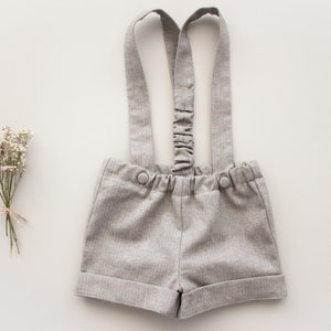 Sales - Baby boys christening pants, christening outfit, bib pants - brown cotton shorts with tweed suspenders (organic)