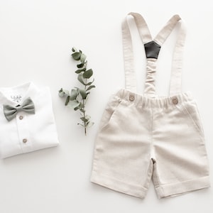 baby boys linen wedding outfit, toddler page boy suit, shorts with suspenders, bow tie set