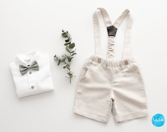 baby boys linen wedding outfit, toddler page boy suit, shorts with suspenders, bow tie set