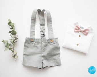 sage green baby boy baptism outfit, christening outfit - 2pcs linen outfit: shorts with suspenders + bow tie