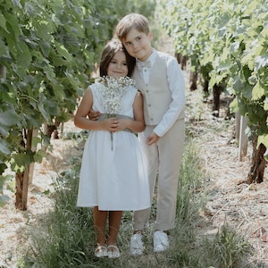 Boys&#39; ring bearer outfit, wedding suit, children&#39;s suit, wedding outfit - 4-pcs beige linen set: pants + shirt + vest + children&#39;s bow tie