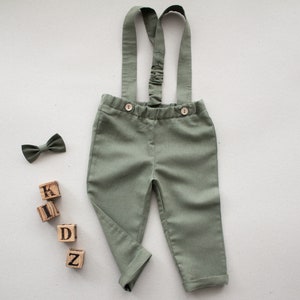 baby boy wedding outfit, boys wedding suit, toddler page boy outfit, ring bearer outfit 2 pcs suit set: pants with suspenders bow tie image 4