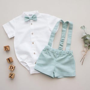 SALE - baby boys ring bearer outfit, baptism outfit, wedding suit, boys suit- 2pc mint green linen set: shorts with straps + bow tie