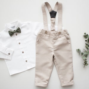 smoke green boys wedding outfit, page boy outfit, ring bearer outfit 2 pcs toddler linen suit: pants with suspenders bow tie add shirt