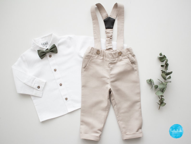 smoke green boys wedding outfit, page boy outfit, ring bearer outfit 2 pcs toddler linen suit: pants with suspenders bow tie add shirt