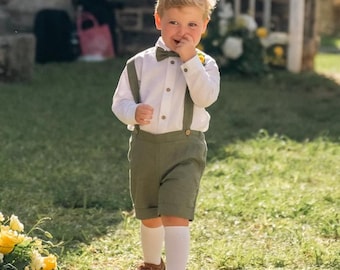 Traje de bautizo para niño, traje de bautizo, peto, traje de portador de anillos, traje de boda, traje de paje - pantalones cortos de lino verde humo con tirantes
