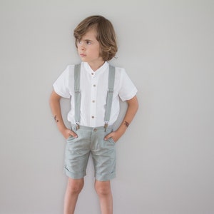 sage green ring bearer outfit, toddler wedding attire, wedding suit set with bermudas -  2pcs boy linen outfit: shorts + suspenders