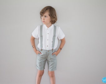 sage green ring bearer outfit, toddler wedding attire, wedding suit set with bermudas -  2pcs boy linen outfit: shorts + suspenders