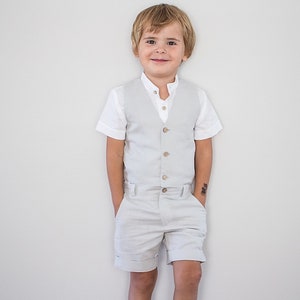 boys linen wedding suit, page boys outfit, ring bearer suit, toddler wedding outfit - 3 pcs linen outfit: shorts + suit vest + white shirt