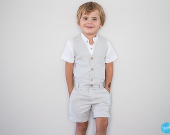 Traje de novio para niño, traje de portador de anillos, ropa infantil de flores - conjunto de lino de 3 piezas: pantalón corto + chaleco + camisa