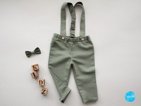 Smoke Green Ring Bearer Outfit, Boys Linen Pants With Suspenders