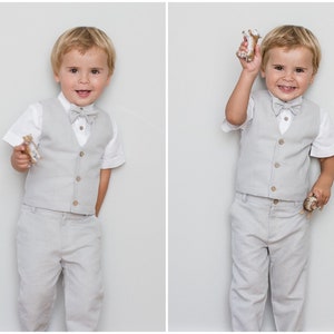 Jungen Anzug Hochzeit Ringträgeroutfit Kommunionanzug Taufoutfit - 4tlg hellgraues Leinen Set: Hose + Hemd + Weste + Kinderfliege