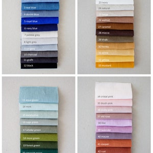 May include: Swatch card with 44 fabric samples in various colors, including light blue, teal blue, navy blue, white, ivory, beige, aqua green, mint, eucalyptus, sage green, smoke green, moss green, forest green, emerald green, dark green, cristal pink, blush pink, dusty pink, old rose, lilac, lavender, mauve, cooper, rust, brick red, and coral.