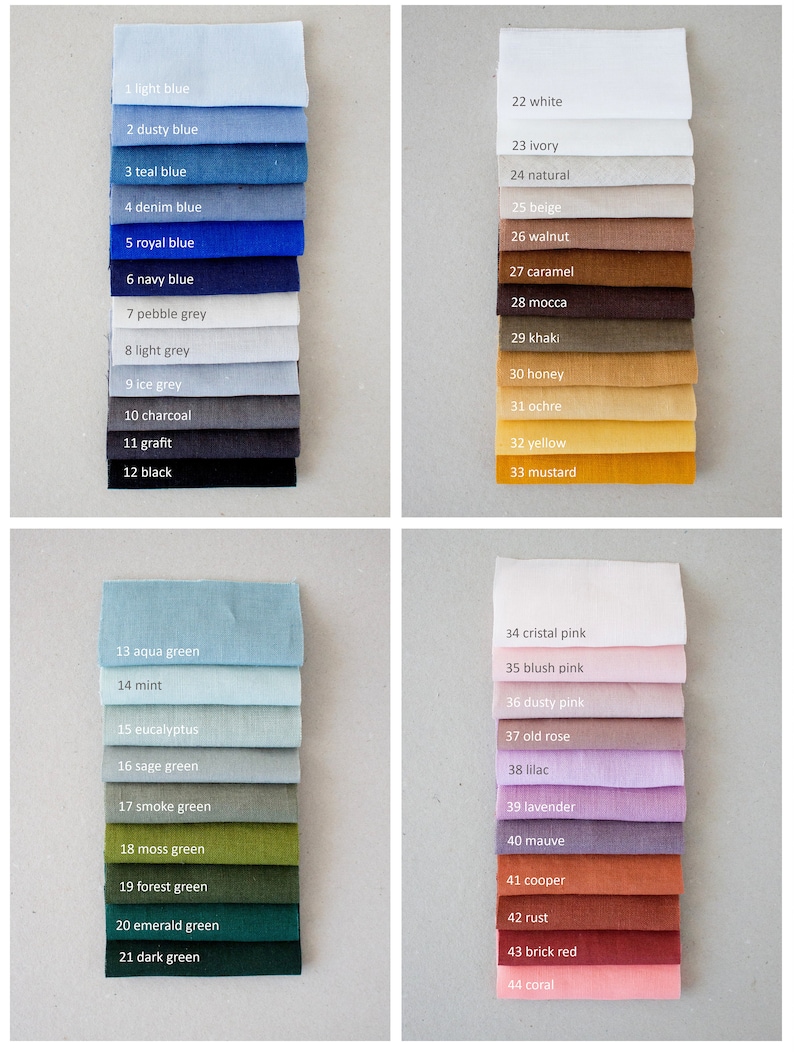 May include: Swatch card with 44 fabric samples in various colors, including light blue, teal blue, navy blue, white, ivory, beige, aqua green, mint, eucalyptus, sage green, smoke green, moss green, forest green, emerald green, dark green, cristal pink, blush pink, dusty pink, old rose, lilac, lavender, mauve, cooper, rust, brick red, and coral.