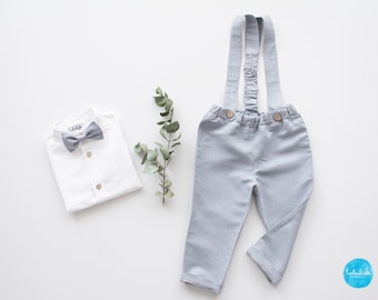 Traje de bautismo para niños, traje de bautismo para bebés, traje de portador de anillos, pantalones de babero - pantalones de lino gris hielo con tirantes - Listo para enviar