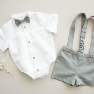 baby boy baptism outfit, boys wedding outfit, page boy outfit - 2pcs sage green linen suit: suspender shorts + bow tie