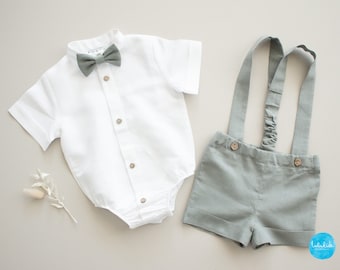 Traje de bautizo para niño, traje de boda - traje de lino de 2 piezas: pantalón corto con tirantes + camisa body