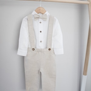 tan boy linen suspender pants outfit, tan baby boy linen pants, ring bearer outfit, toddler wedding suit - ready-to-ship