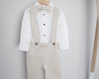 tan boy linen suspender pants outfit, tan baby boy linen pants, ring bearer outfit, toddler wedding suit - ready-to-ship