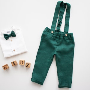 emerald green boys linen suspender pants - baby boy baptism outfit, toddler ring bearer suit, wedding outfit - ready-to-ship