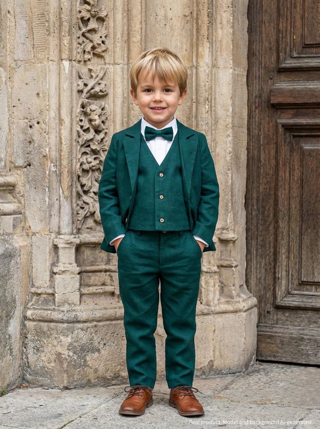Abito da cerimonia per ragazzi, abito da comunione, abito da paggetto, abito da ragazzo, abito da damigella - abito da ragazzo in lino 2 pezzi, naturale: pantaloni papillon - Italia