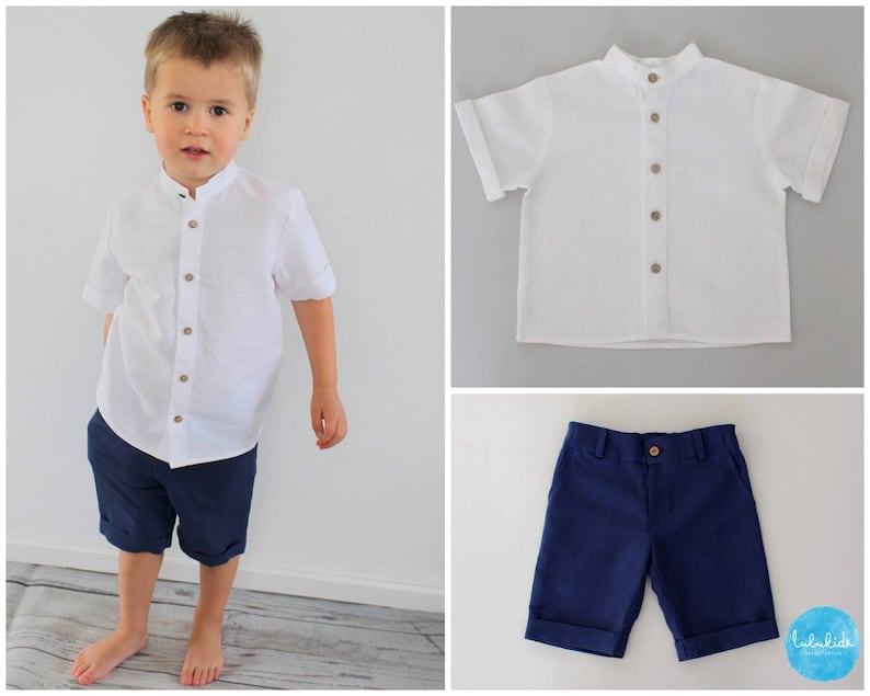 short sleeve shirt linen boy baby baptism christening gown ring bearer birthday festive outfit comunion confirmation shorts bermudas linen