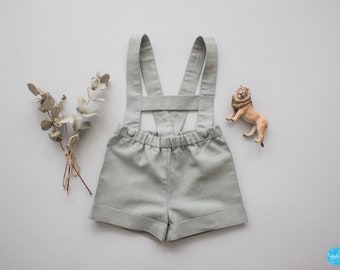 baby boy suspender shorts, christening outfit, baptism suit, boys wedding outfit - linen suspender shorts