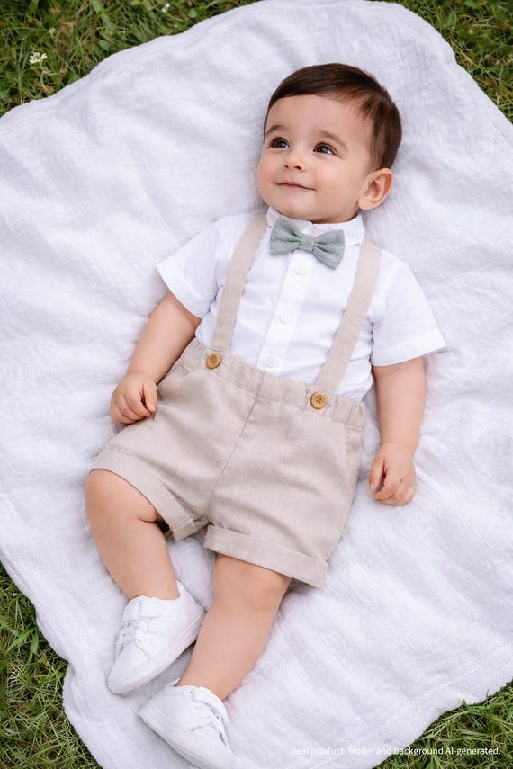Costume Bébé Garçon Mariage FYMNSI Costume Bébé Garçon 4 Pièces - Chemise Manches Courtes Nœud Papillon Bretelles Short Tenue Cérémonie 4 Pièces