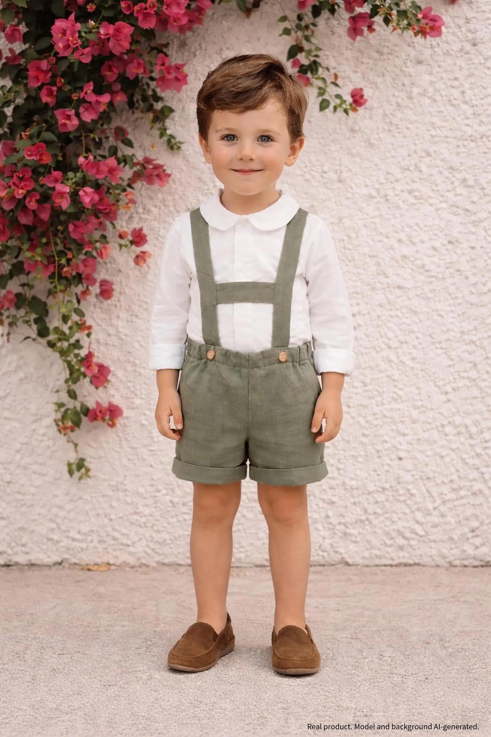baby boy christening outfit, baptism suit, wedding outfit, ring bearer suit, flower child outfit - smoke green boys linen shorts with straps