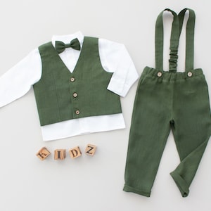 green ring bearer outfit, toddler boy formal outfit, page boy suit, baptism boys suit  - 2pcs linen outfit: suspender pants + vest