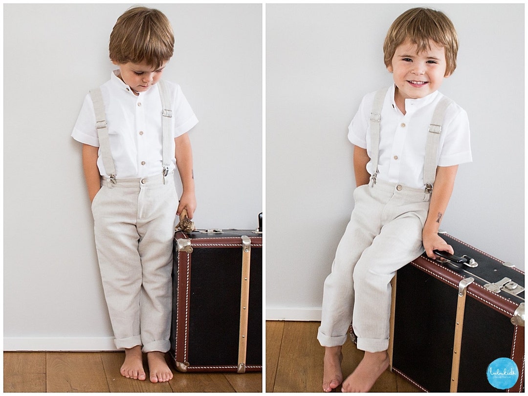 Boys Linen Suit Ring Bearer Outfit Boys Suspender Outfit Etsy