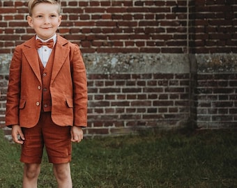 Costume de mariage pour garçons, tenue de porteur d’anneau, costume de garçon de page, bermudas, tenue de baptême - Shorts en lin pour garçons