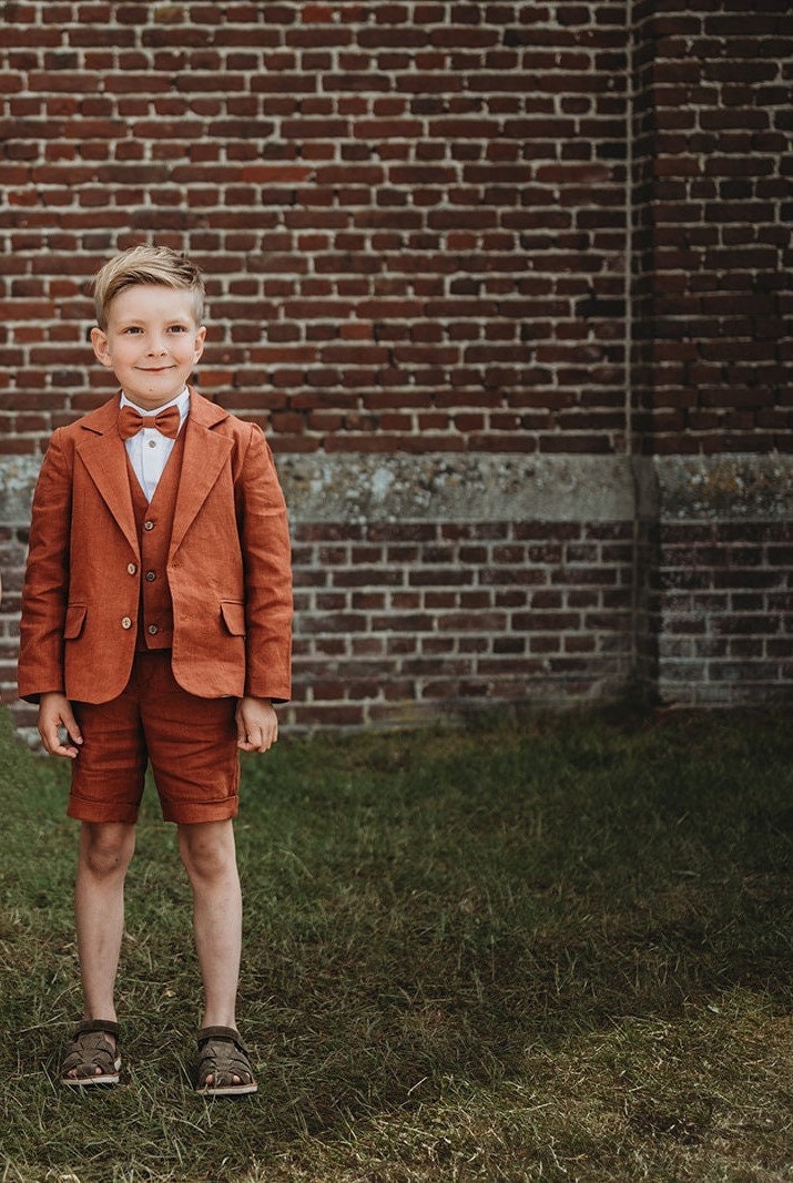 boys wedding outfit, baptism suit, ring bearer suit, communion suit, boys suit, blessing suit, flower child outfit - boys linen shorts rust