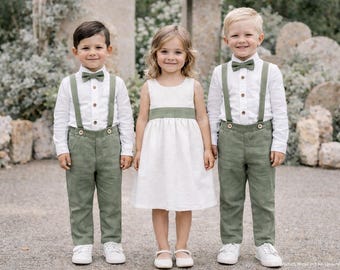 Traje de bautizo para niño, traje de bautizo, traje de niño, traje de portador de anillos, peto, traje de boda - pantalón de lino verde humo con tirantes