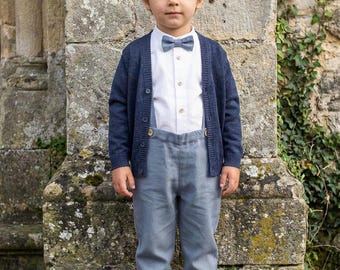 boy wedding suit, baptism outfit, ring bearer suit, boys suit-4pcs blue linen outfit: pants with straps+ bow tie+ shirt + cardigan 100% wool