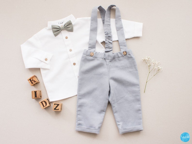 Vêtements de baptême Tenue de baptême garçon Costume de baptême bébé Costume porteur d'anneau Salopette Page Boy Outfit Costume enfant pantalon en lin beige avec bretelles pants+shirt+bow tie