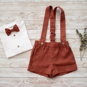 SALE baby boys baptism outfit birthday outfit wedding suit dungarees, wedding suit - 2-piece rust linen outfit: shorts with straps+bow tie