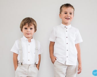 Camisa de lino para niños, camisa de bautizo de bebé, traje de bautizo, traje de boda - camisa de lino blanca (orgánica) con cuello alto