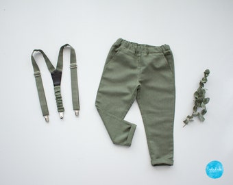 SALE smoke green toddler linen pants for boys wedding outfit, suspender pants, ring bearer pants, page boy outfit, boys suit pants