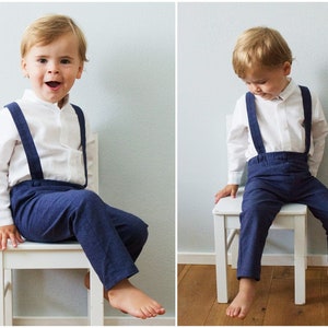 Traje de bautizo para bebés, traje de portador de anillos, traje de boda, peto, traje para niños, peto - pantalón azul con tirantes de algodón orgánico