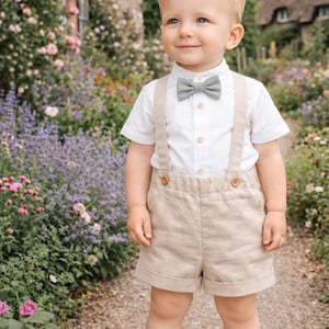 Baby boy baptism outfit, christening suit, ring bearer outfit, wedding suit, boys' suit– 2pce linen outfit beige: shorts with straps+bow tie