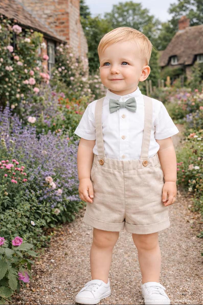 Baby boy baptism outfit, christening suit, ring bearer outfit, wedding suit, boys' suit- 2pce linen outfit beige: shorts with straps+bow tie