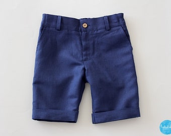 SALE dark blue boys linen shorts - size 12-18 months - boys ring bearer suit, wedding outfit