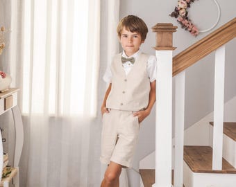 Traje de boda para niño, traje de portador de anillos, traje de florista, traje de niño, traje de bautizo - Conjunto de lino natural de 3 piezas: pantalón corto + chaleco + camisa