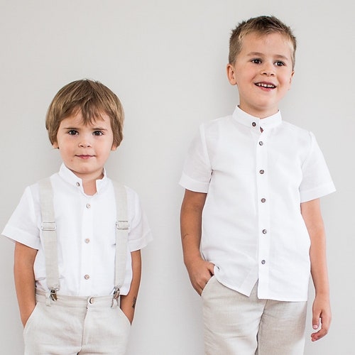Boys Linen Shirt White Blue Bow Tie Baby Boy Baptism Shirt Etsy